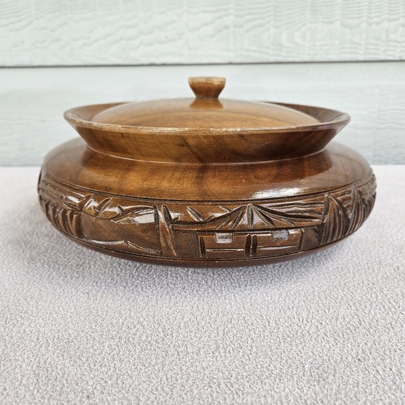 Monkey Pod Hand Carved Wooden Serving Storage Bowl with Lid MCM Tiki Philippines - Picture 5 of 12